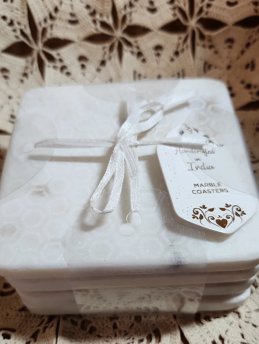White Marble Coaster Set - Handcrafted Marble Coasters With A Honeycomb Design.